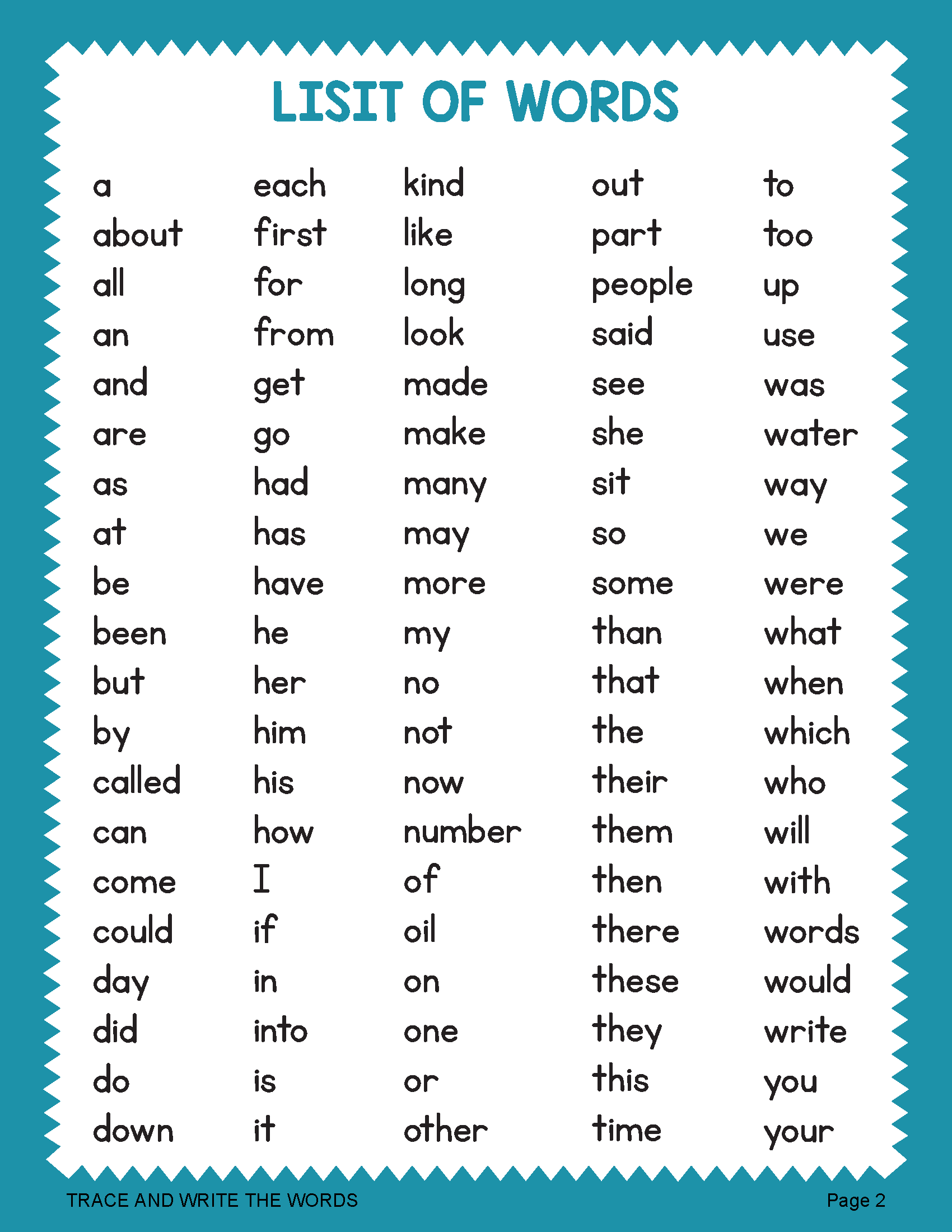 print sight words for kindergarten