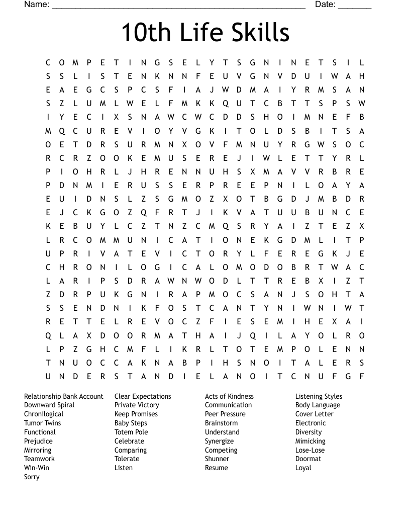 10th Life Skills Word Search WordMint 10th Life Skills Word Search WordMint