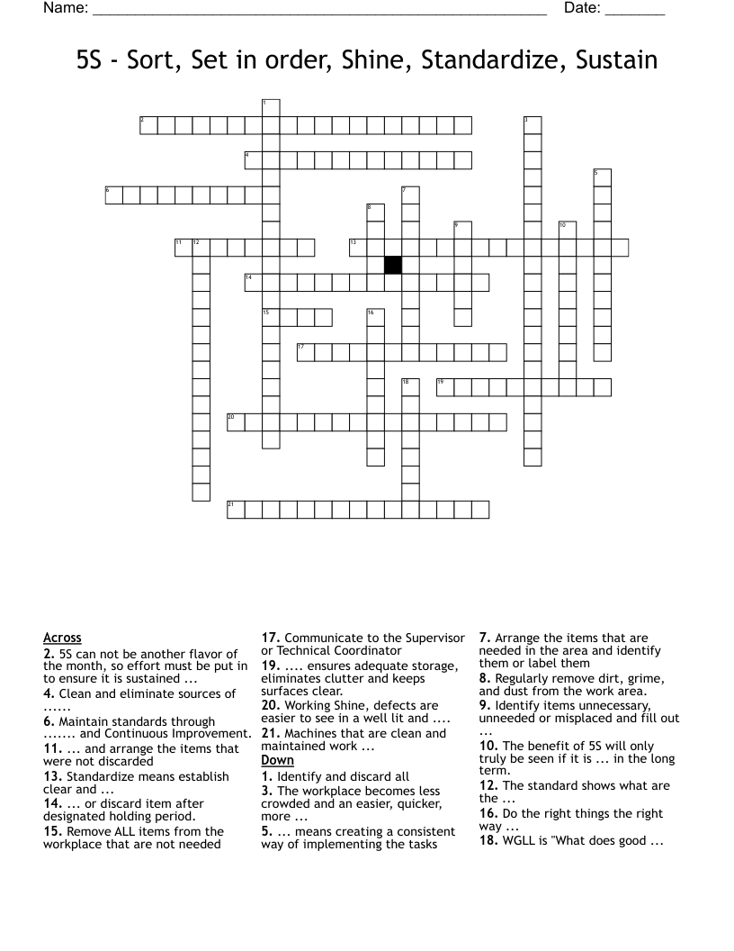 5S Sort Set In Order Shine Standardize Sustain Crossword WordMint 5S Sort Set In Order Shine Standardize Sustain Crossword WordMint