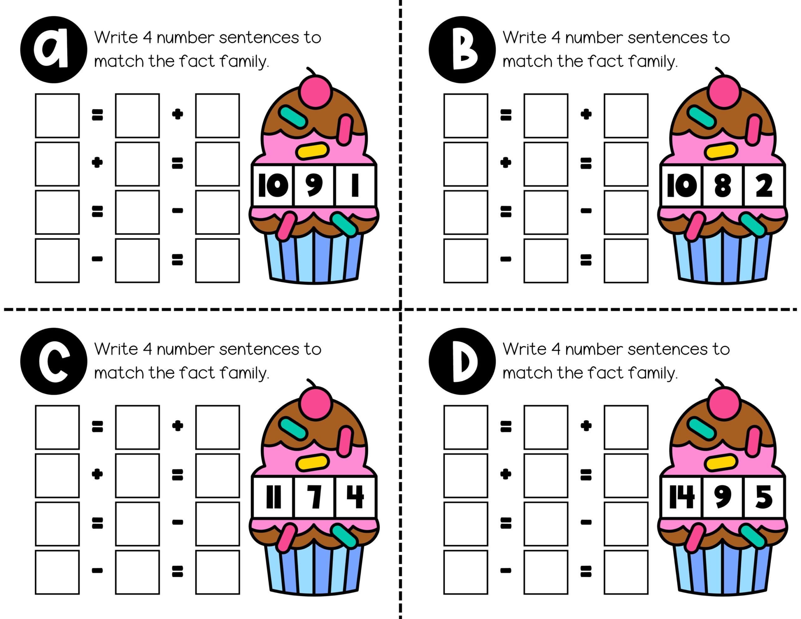 Addition And Subtraction Fact Families Within 20 Task Cards Classful