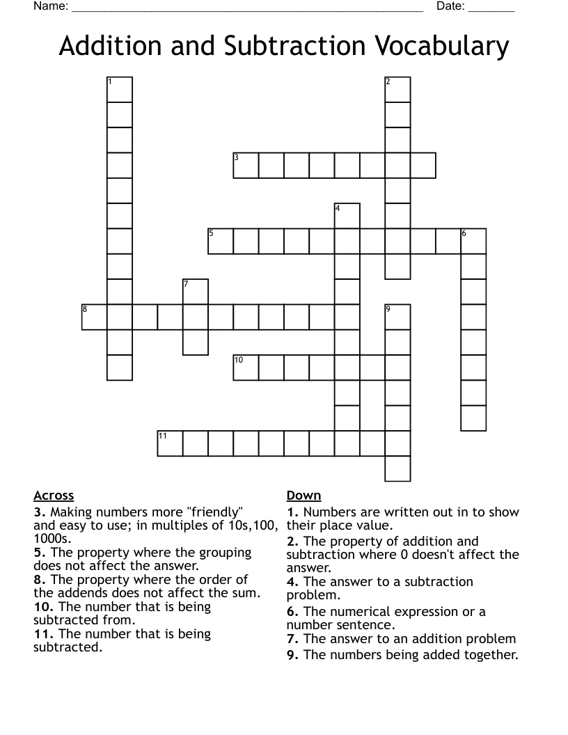 Addition And Subtraction Vocabulary Crossword WordMint Addition And Subtraction Vocabulary Crossword WordMint