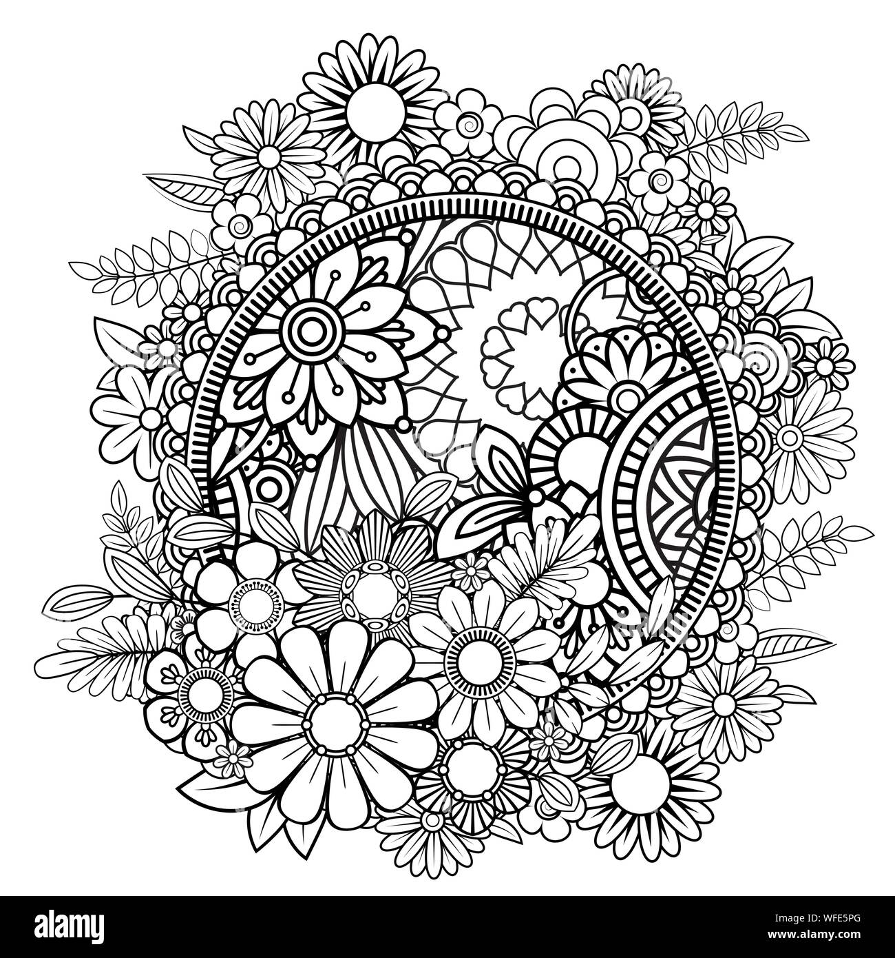 Adult Coloring Page With Flowers Pattern Black And White Doodle Wreath Floral Mandala Bouquet Line Art Vector Illustration Isolated On White Background Round Design Element Stock Vector Image Art Alamy Adult Coloring Page With Flowers Pattern Black And White Doodle Wreath Floral Mandala Bouquet Line Art Vector Illustration Isolated On White Background Round Design Element Stock Vector Image Art Alamy