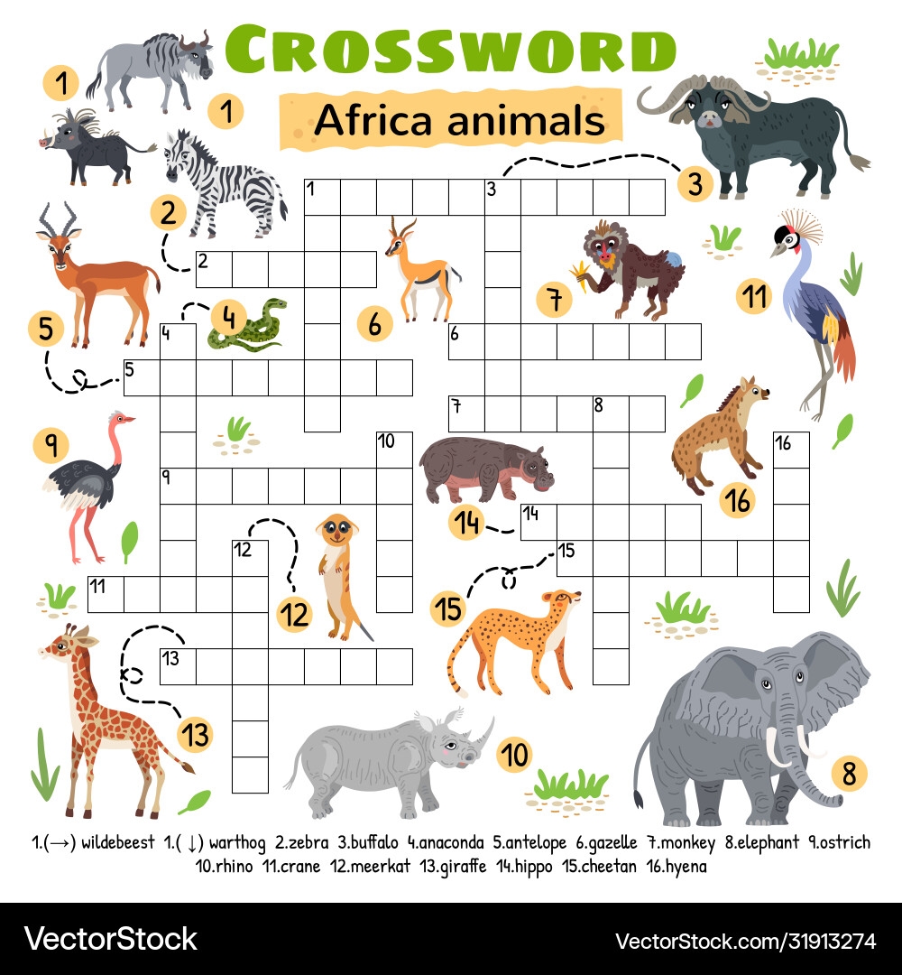Africa Animals Crossword Puzzle Kids Activity Vector Image Africa Animals Crossword Puzzle Kids Activity Vector Image