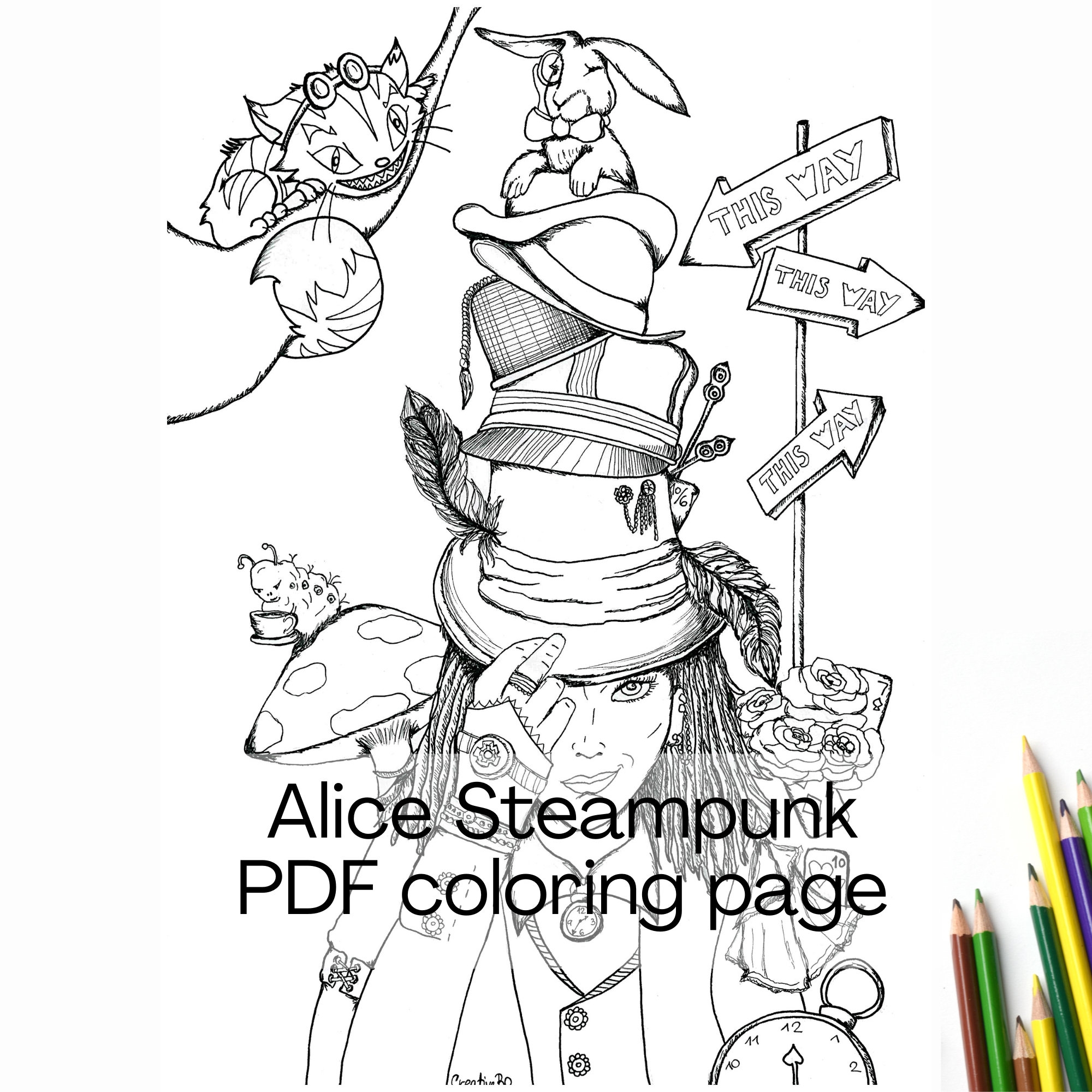 Alice In Wonderland Steampunk Adult Downloadable Coloring Page Mad Hatter PDF Instant Download Printable Sheet For Digital Coloring Etsy