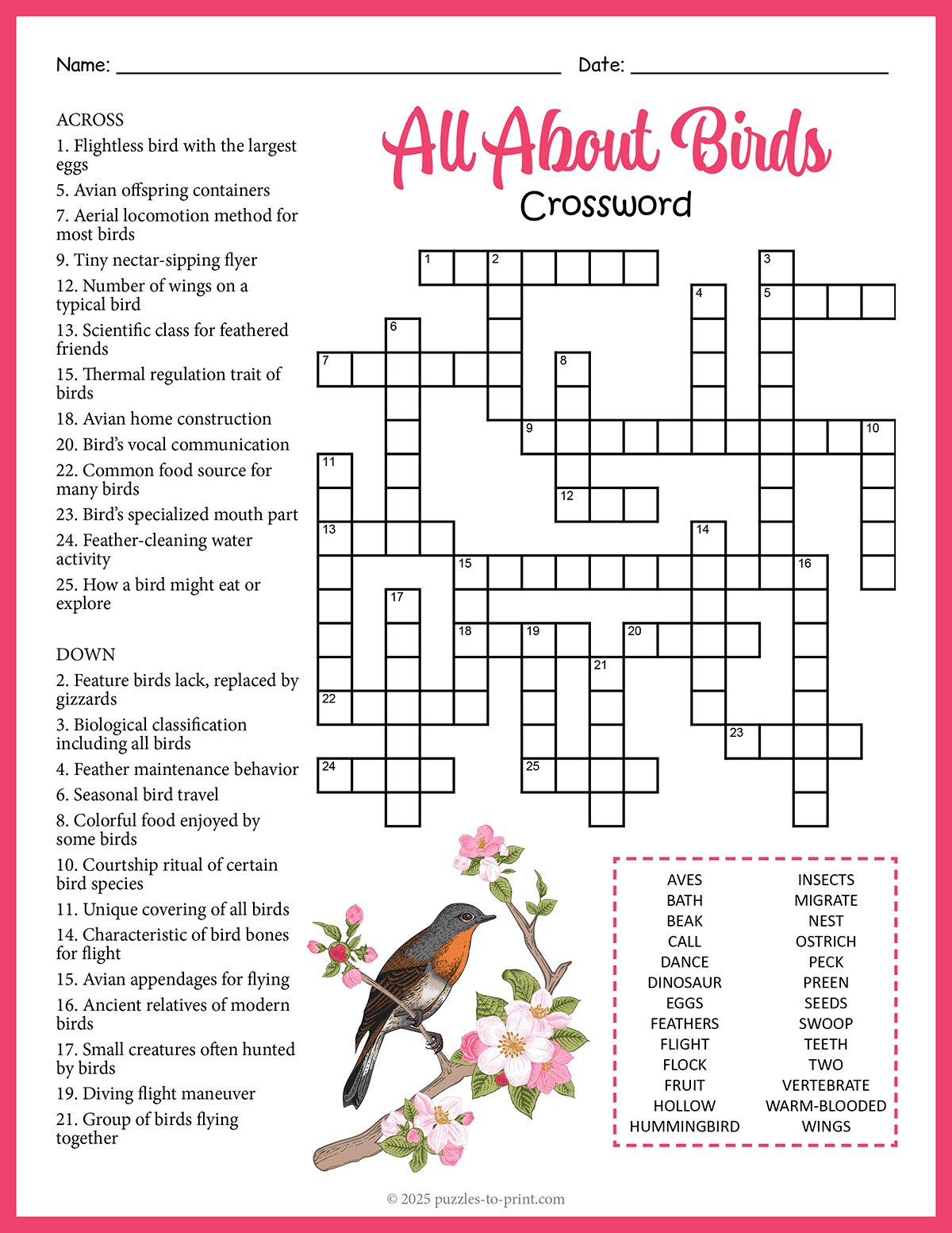 All About Birds Crossword All About Birds Crossword