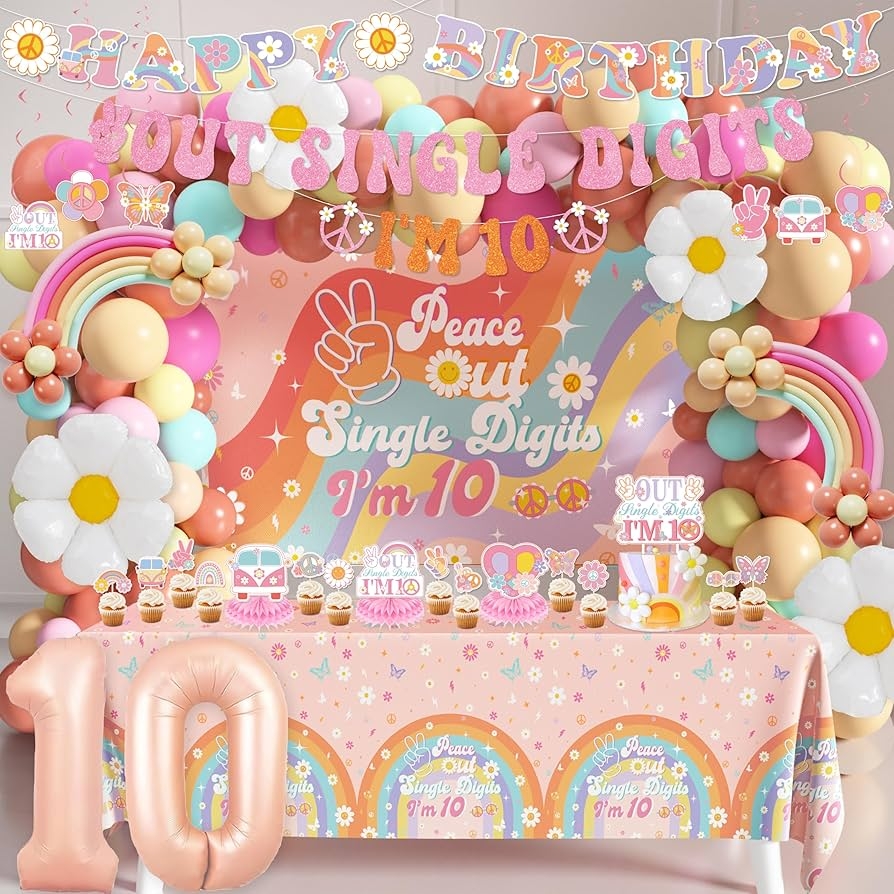 Amazon 10th Birthday Decorations For Girl Peace Out Single Digits Party Decor Groovy 10th Birthday Decor Boho I m 10 Backdrop Banner Tablecloth Cake Topper Honeycomb Centerpieces Hanging Swirls Balloons Set Home
