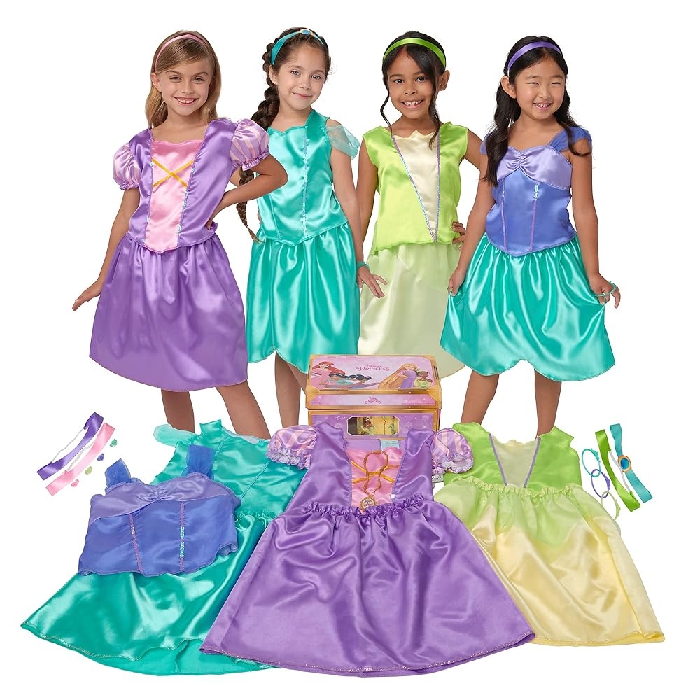 Amazon Disney Princess Dress Up Trunk 21 Piece Deluxe Costume Set Featuring Ariel Jasmine Tiana Rapunzel Outfits With Accessories Storage Trunk Amazon Exclusive Toys Games