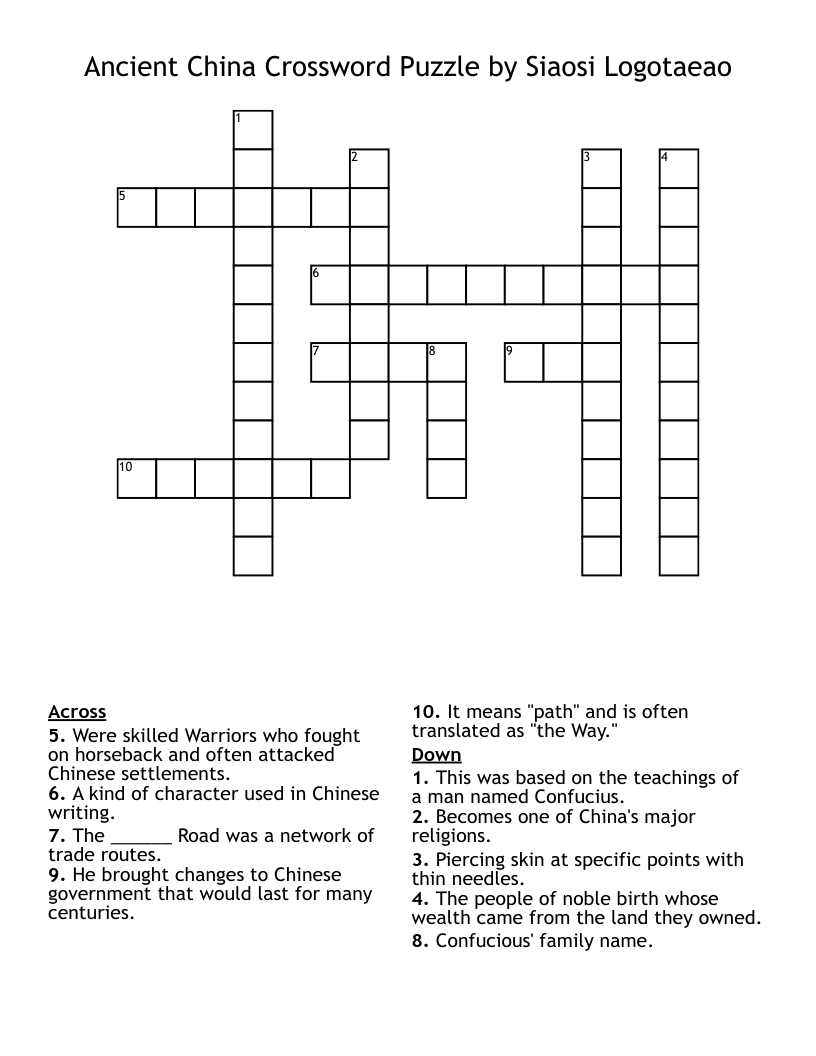 Ancient China Crossword Puzzle By Siaosi Logotaeao WordMint