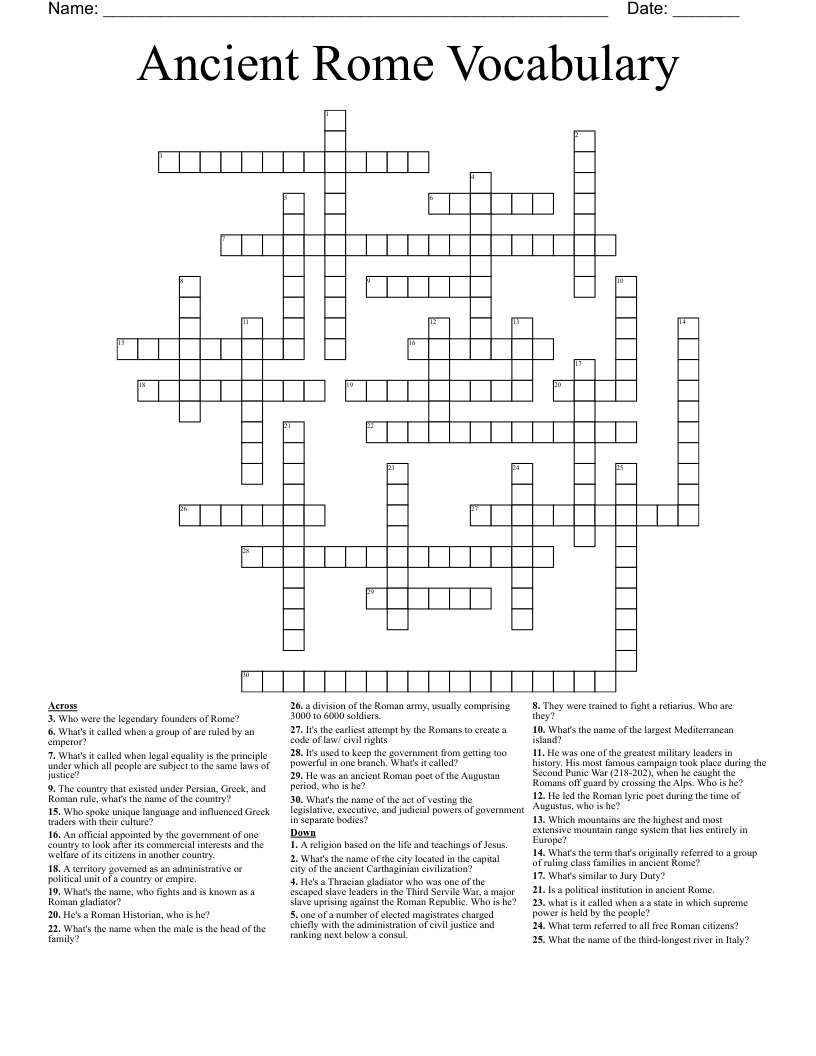 Ancient Rome Vocabulary Crossword WordMint Ancient Rome Vocabulary Crossword WordMint