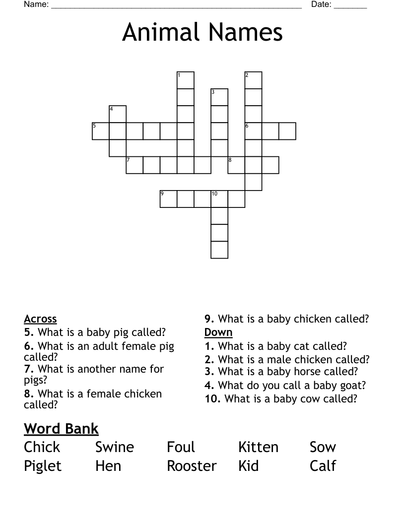 Animal Names Crossword WordMint Animal Names Crossword WordMint