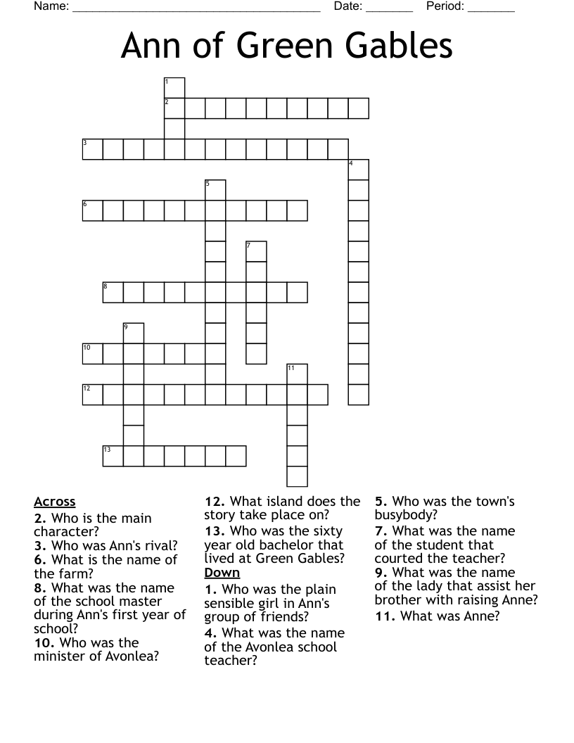 Ann Of Green Gables Crossword WordMint