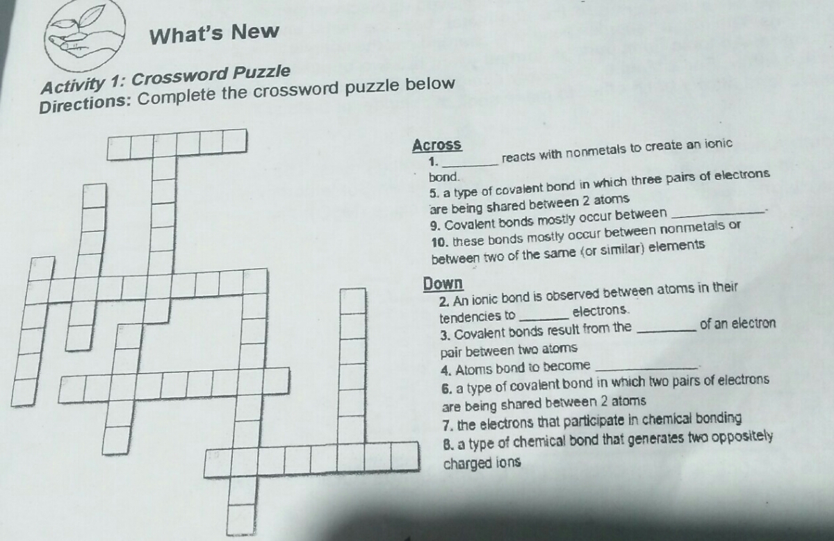 Answered Activity 1 Crossword Puzzle Directions Complete The Crossword Puzzle Below Across 1 Reacts With Nonmetals To Create An Ionic Bond 5 A Type Of Covalent Bond Bartleby Answered Activity 1 Crossword Puzzle Directions Complete The Crossword Puzzle Below Across 1 Reacts With Nonmetals To Create An Ionic Bond 5 A Type Of Covalent Bond Bartleby