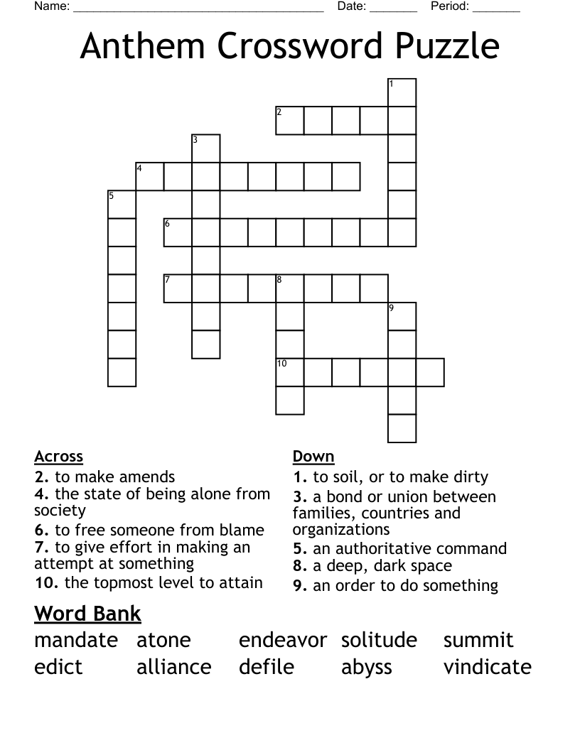 Anthem Crossword Puzzle WordMint Anthem Crossword Puzzle WordMint