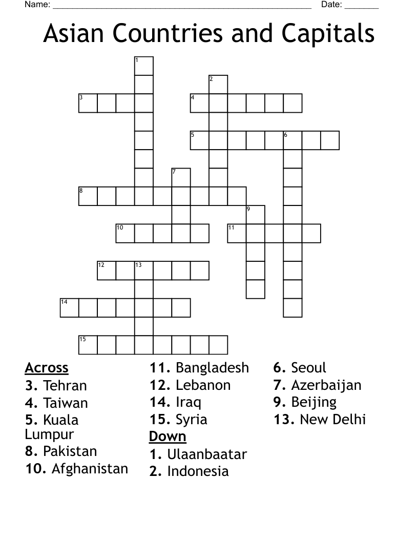 Asian Countries And Capitals Crossword WordMint Asian Countries And Capitals Crossword WordMint