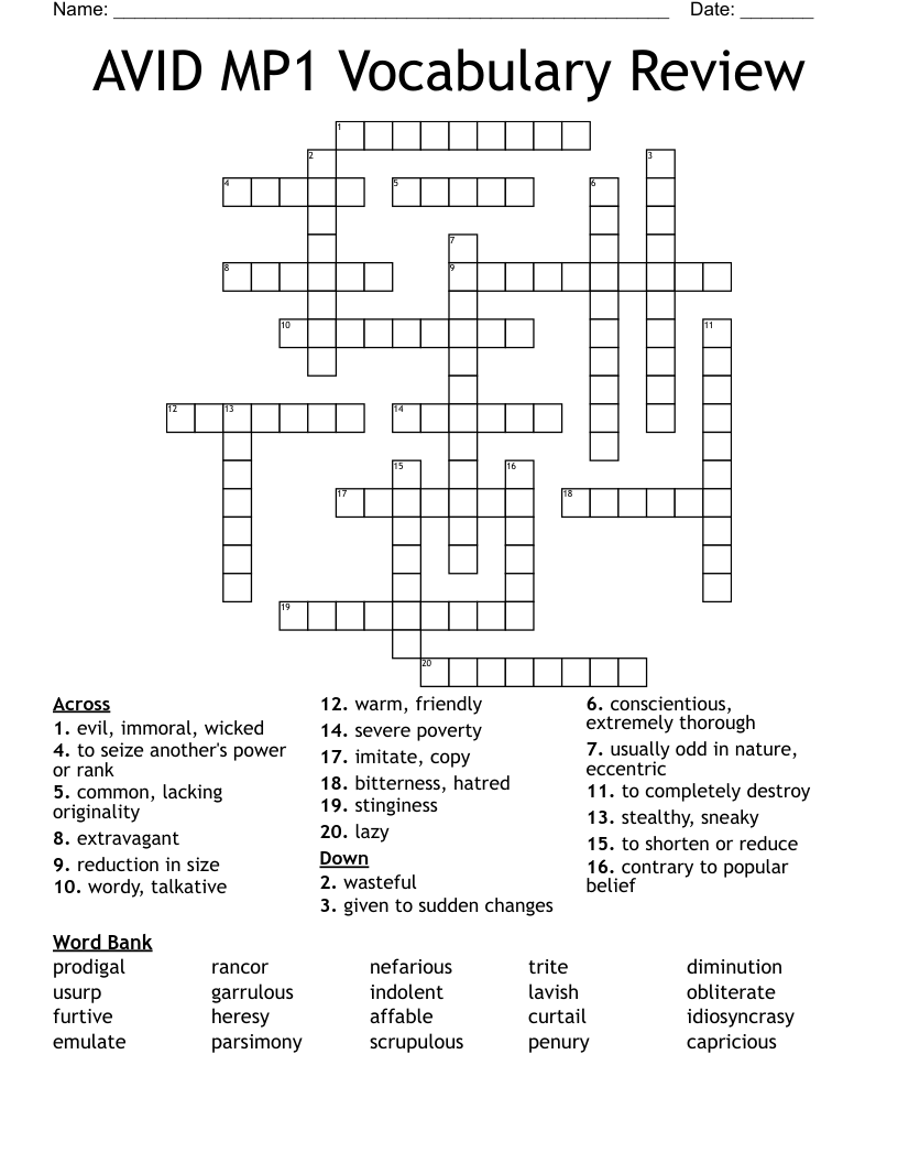 AVID MP1 Vocabulary Review Crossword WordMint AVID MP1 Vocabulary Review Crossword WordMint