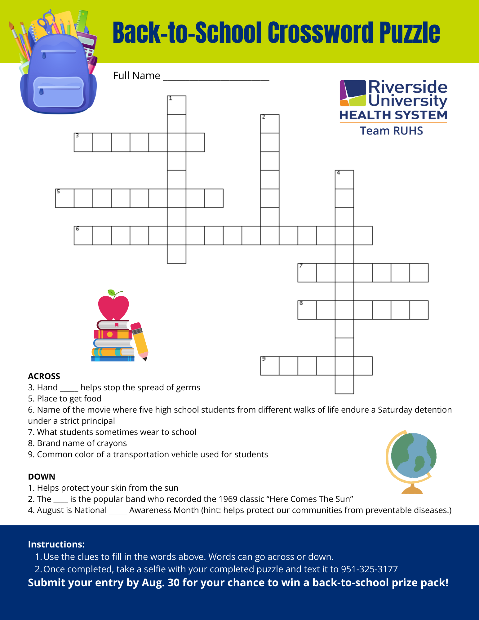 Back to School Crossword Puzzle Team RUHS Back to School Crossword Puzzle Team RUHS