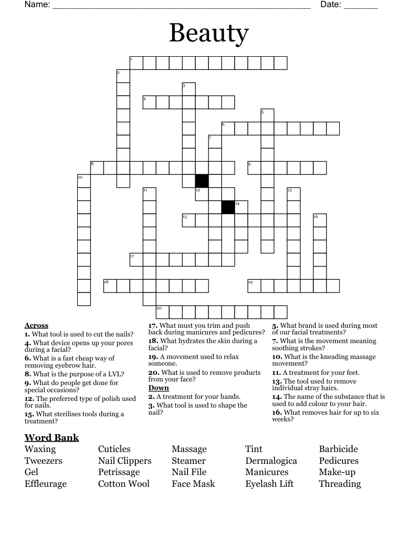 Beauty Crossword WordMint Beauty Crossword WordMint