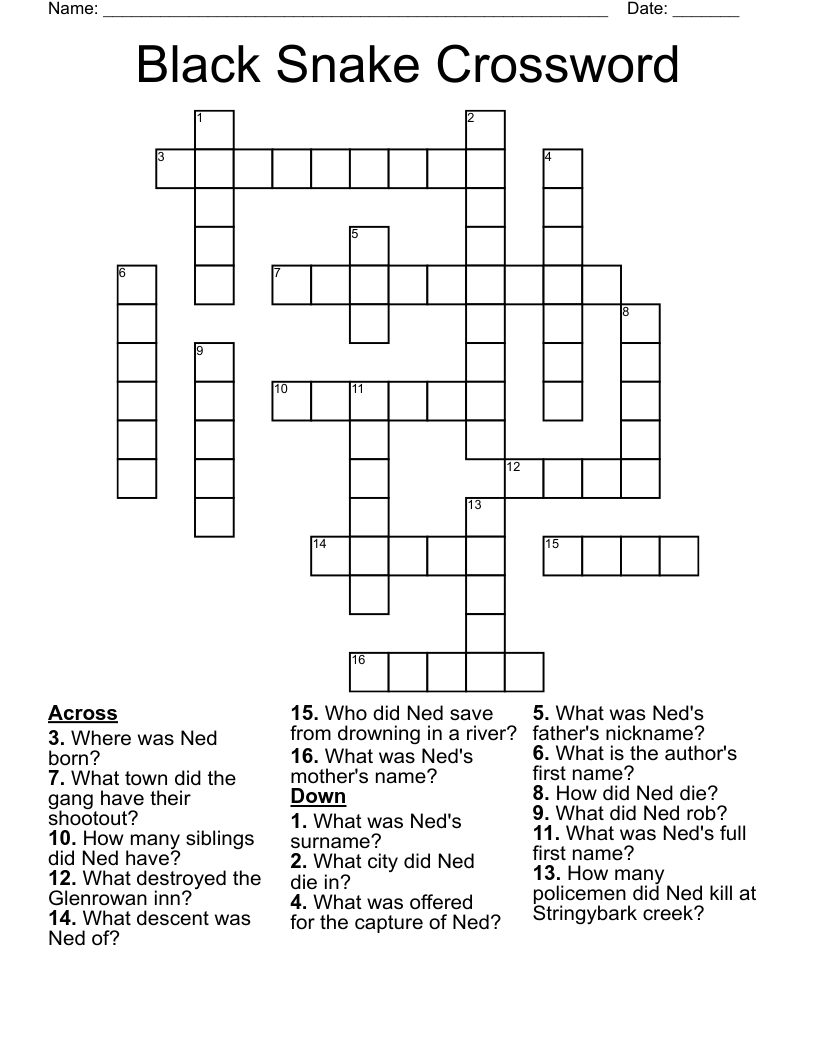 Black Snake Crossword WordMint