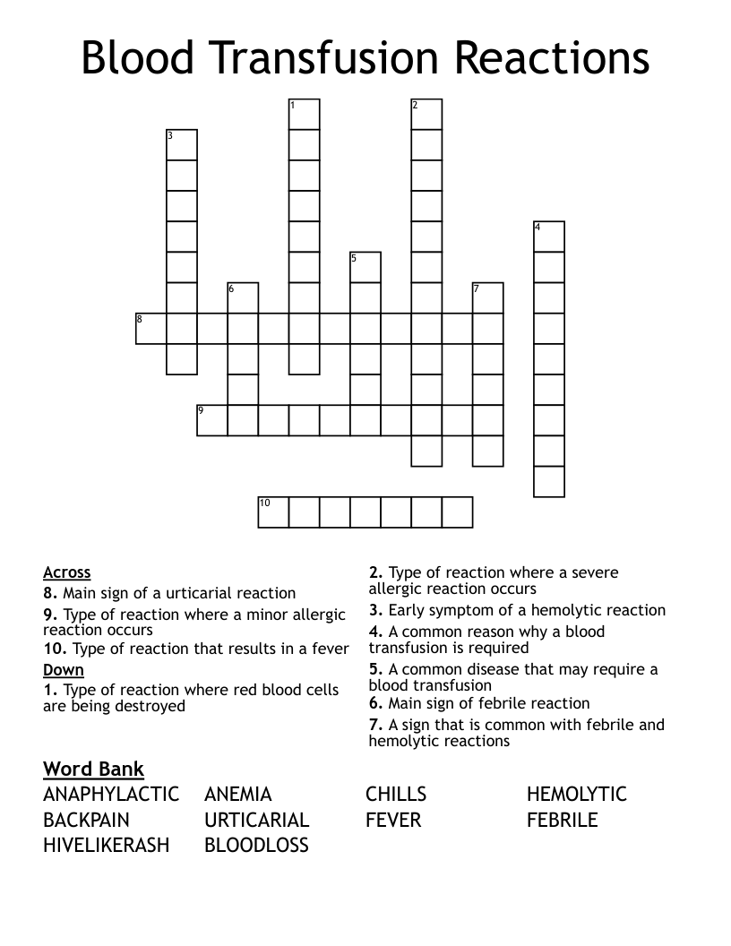 Blood Transfusion Reactions Crossword WordMint Blood Transfusion Reactions Crossword WordMint