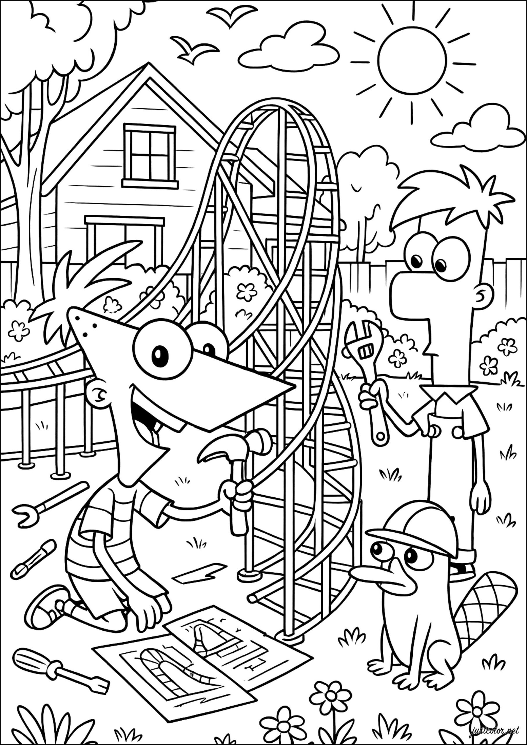 Building A Fun Roller Coaster Phineas And Ferb Coloring Pages Building A Fun Roller Coaster Phineas And Ferb Coloring Pages