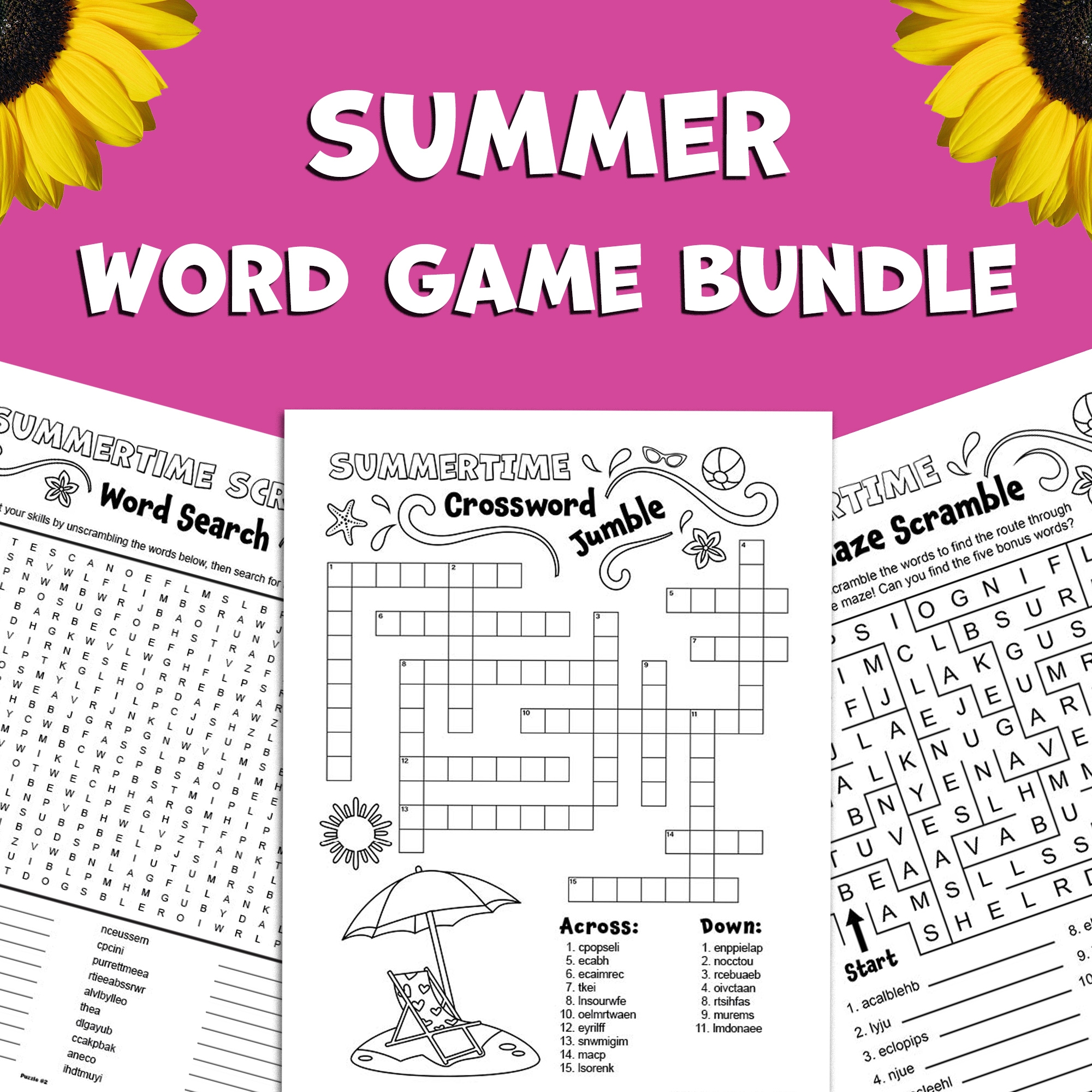 BUNDLE Summer Word Games Word Scramble Word Search Crossword Puzzle Maze Printable Classful