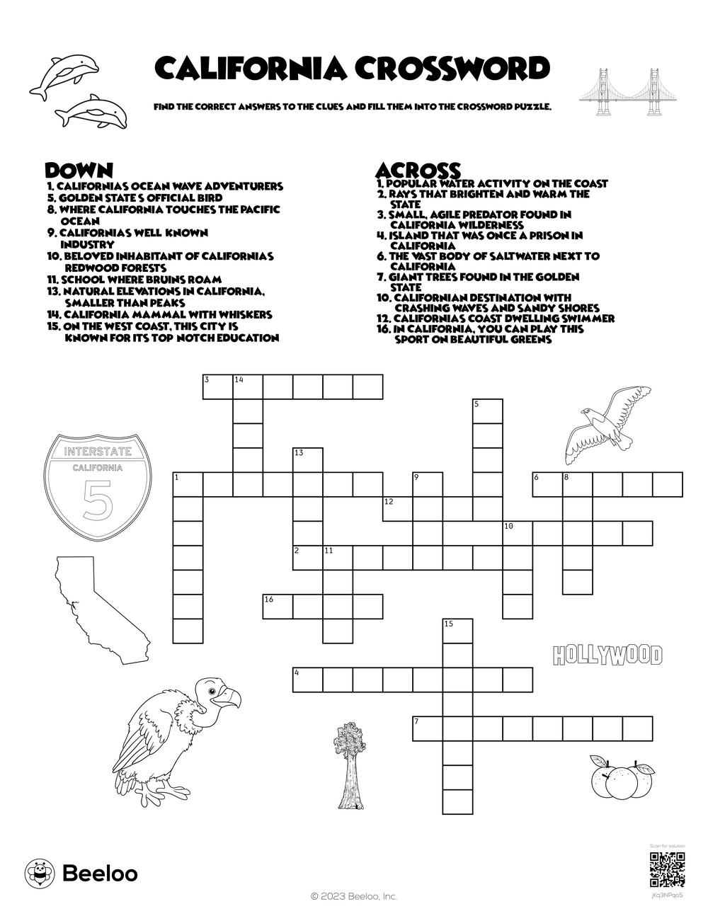 California Crossword Beeloo Printable Crafts And Activities For Kids
