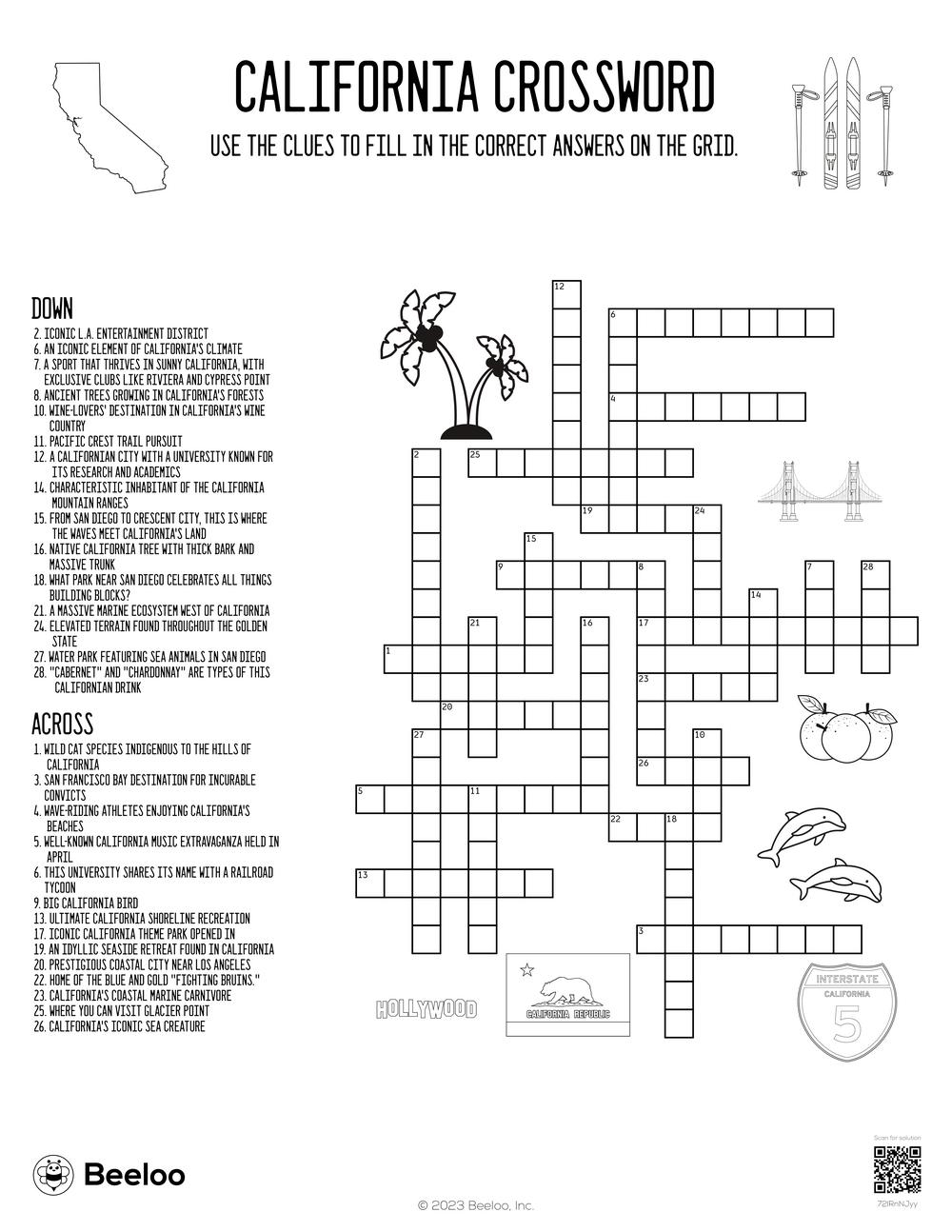 California Crossword Beeloo Printable Crafts And Activities For Kids