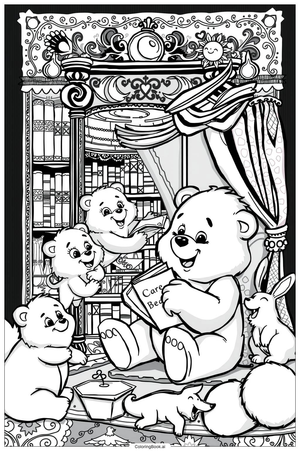 Care Bear Reading A Story To Friends Coloring Page Free PDF PNG Printable 