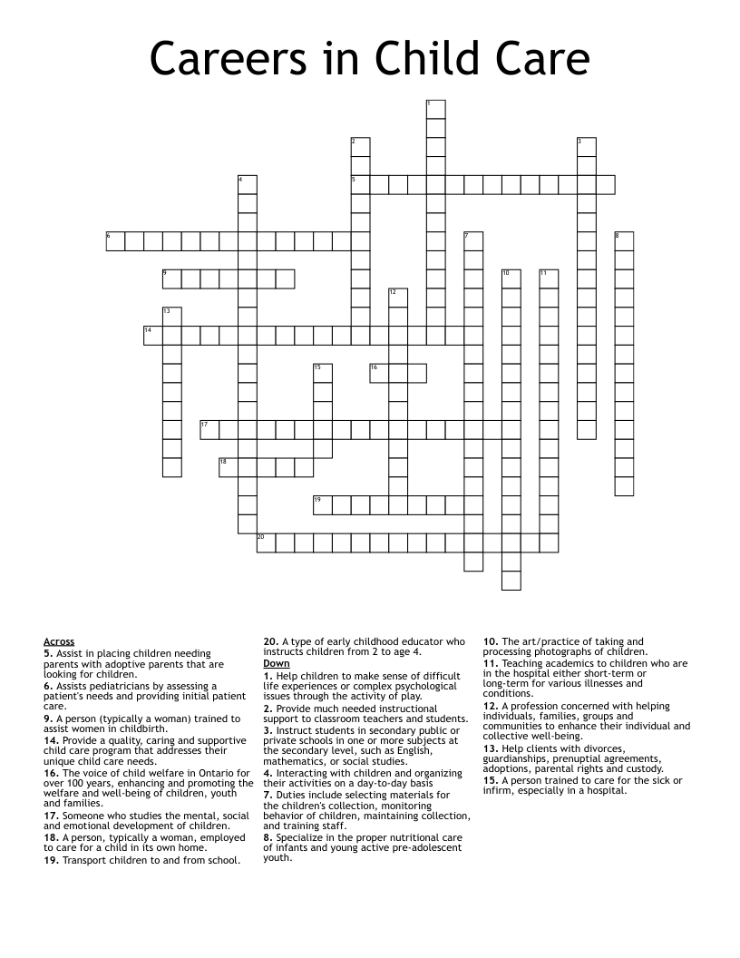 Careers In Child Care Crossword WordMint