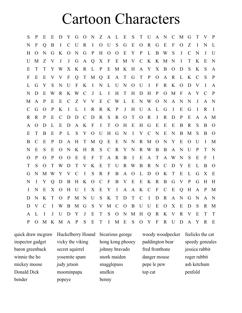 Cartoon Characters Word Search WordMint Cartoon Characters Word Search WordMint