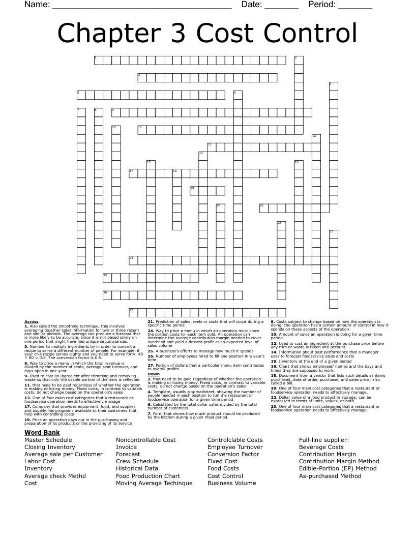 Chapter 3 Cost Control Crossword WordMint Chapter 3 Cost Control Crossword WordMint