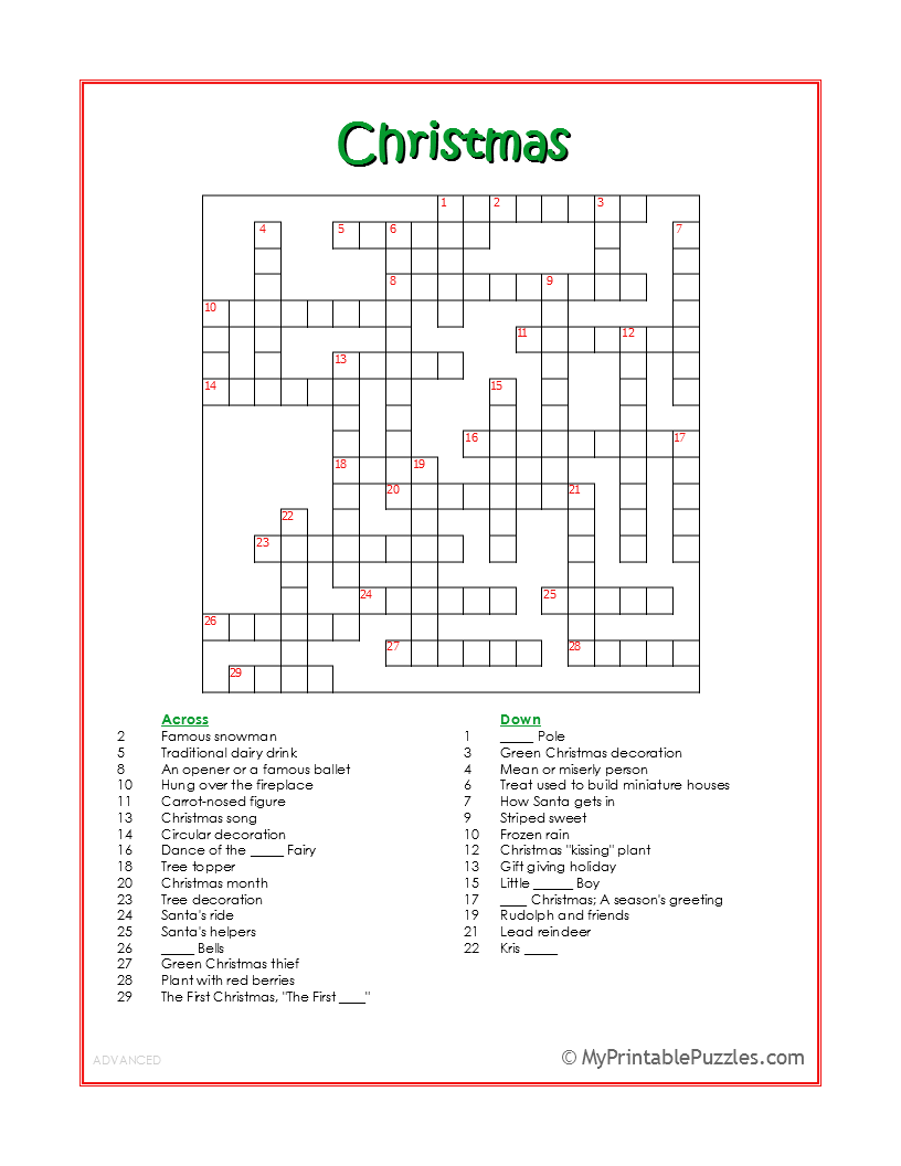 Christmas Crossword Puzzle Advanced My Printable Puzzles Christmas Crossword Puzzle Advanced My Printable Puzzles