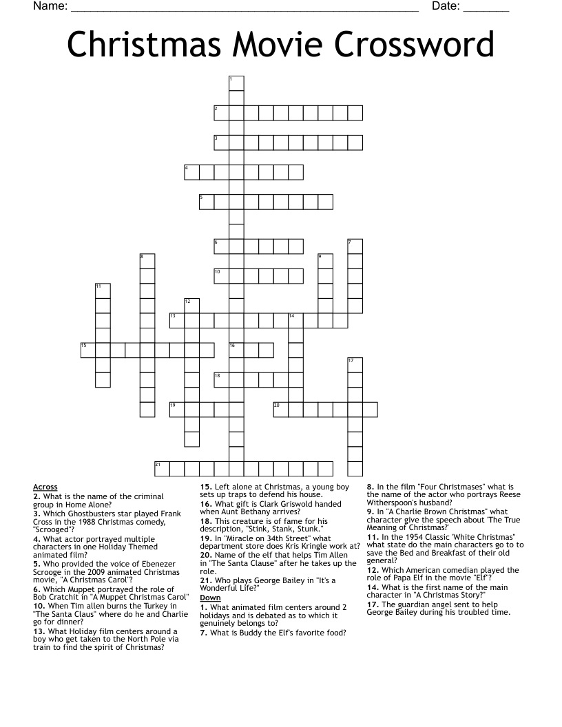 Christmas Movie Crossword WordMint Christmas Movie Crossword WordMint