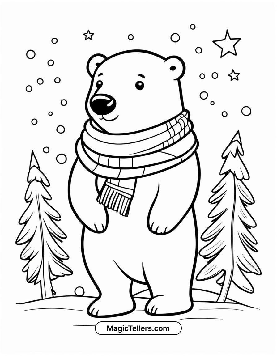 Christmas Polar Bear With A Scarf Coloring Page Christmas Polar Bear With A Scarf Coloring Page