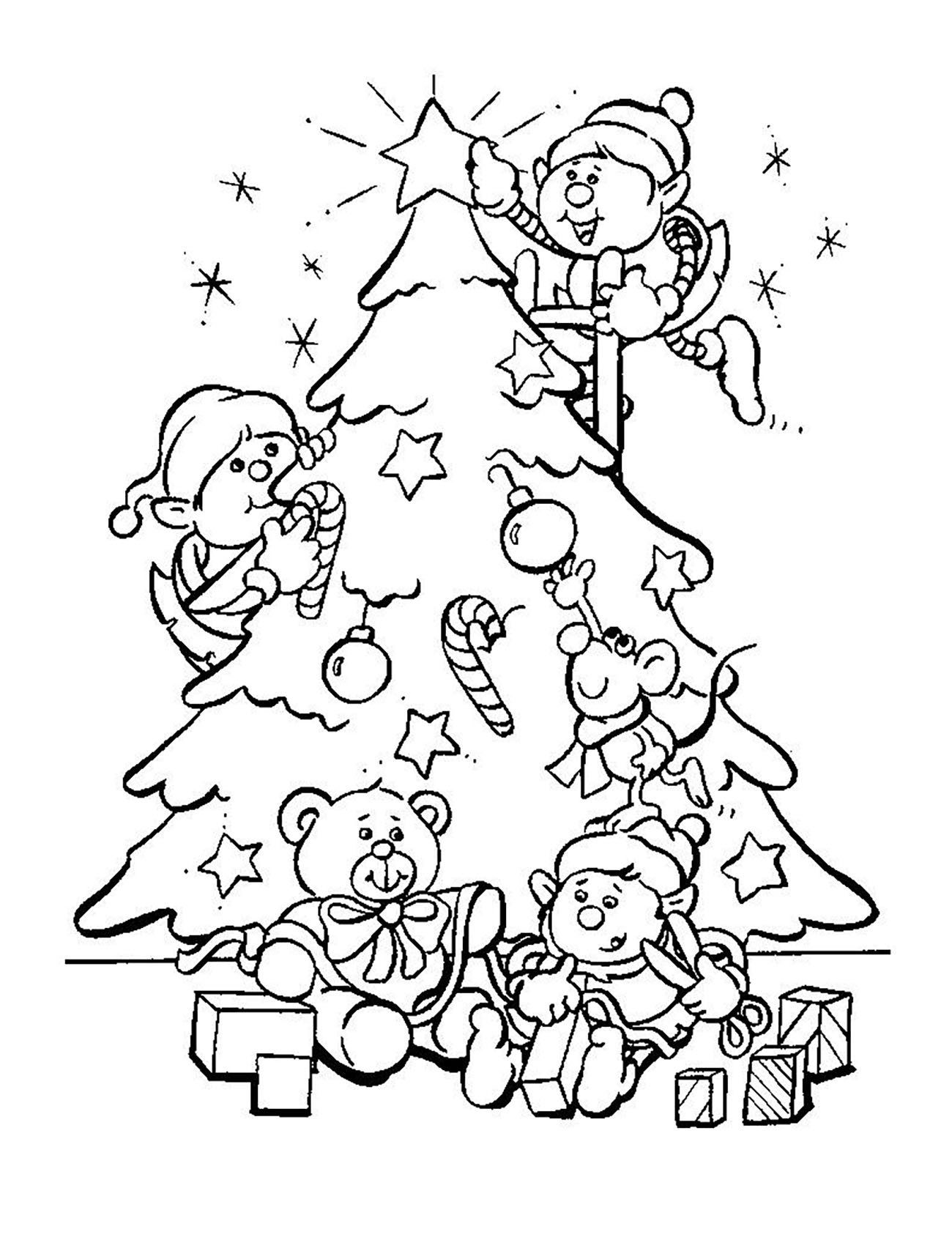 Christmas Tree With Elves Christmas Coloring Pages For Adults Christmas Tree With Elves Christmas Coloring Pages For Adults