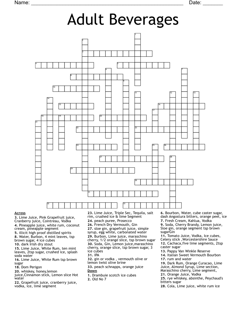 Classic Cocktails Crossword WordMint Classic Cocktails Crossword WordMint