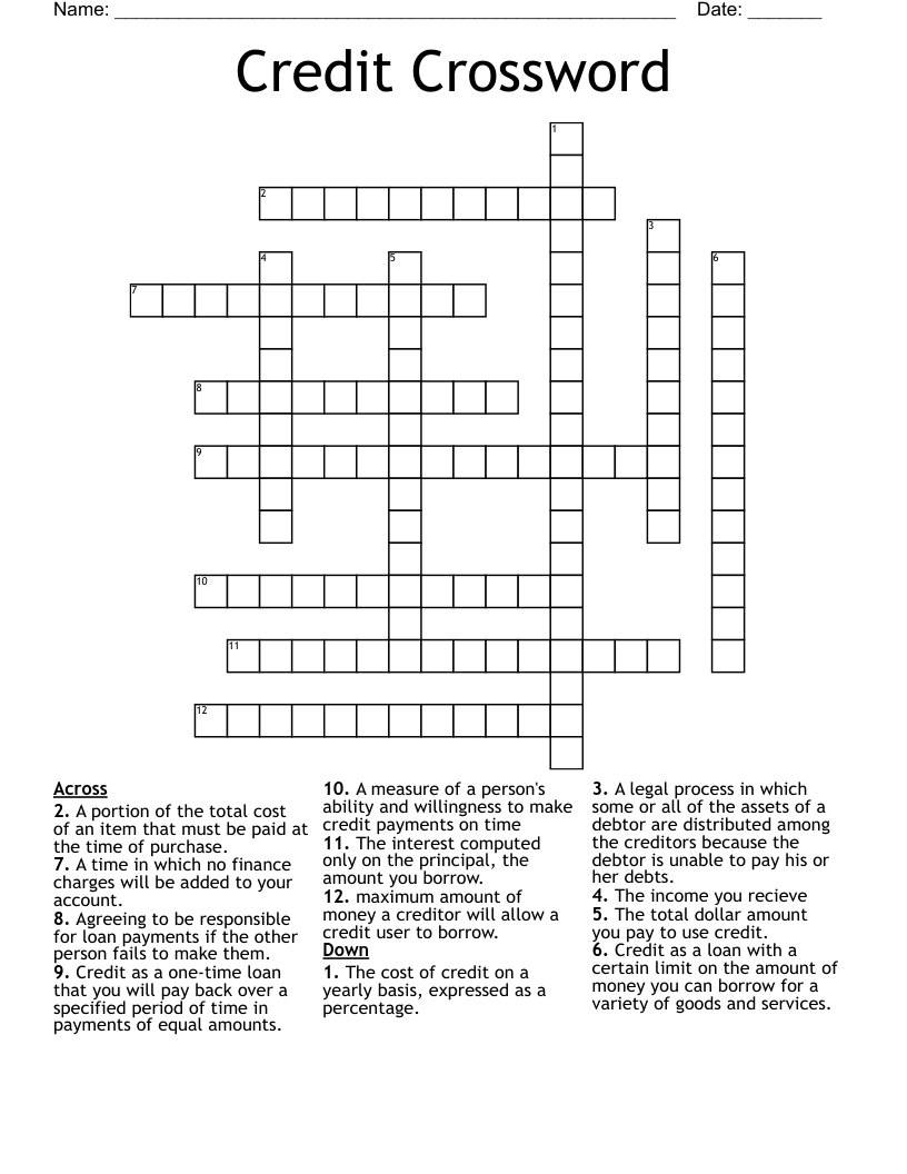 Credit Crossword WordMint Credit Crossword WordMint