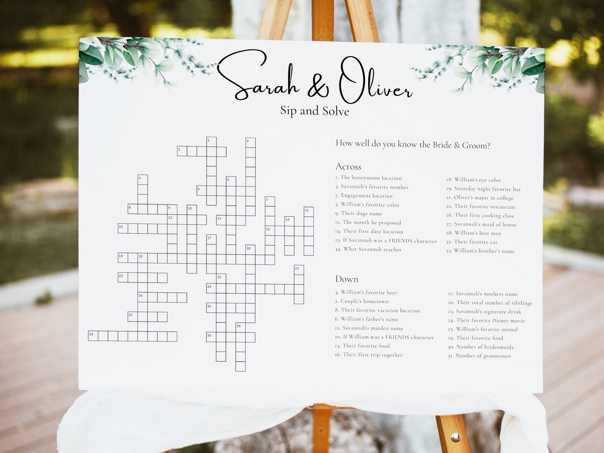Custom Wedding Crossword Minimalist Sip And Solve Puzzle Eucalyptus Sip And Solve For Wedding Boho Wedding Game Crosswords Lombardy Etsy