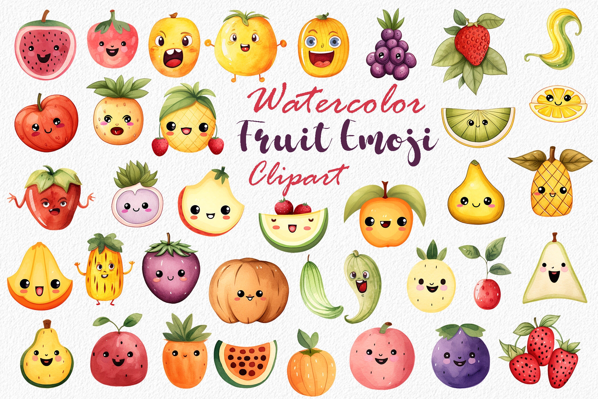 Cute Kawaii Fruit Emoji Watercolor Clipart By PassionPNGcreation TheHungryJPEG