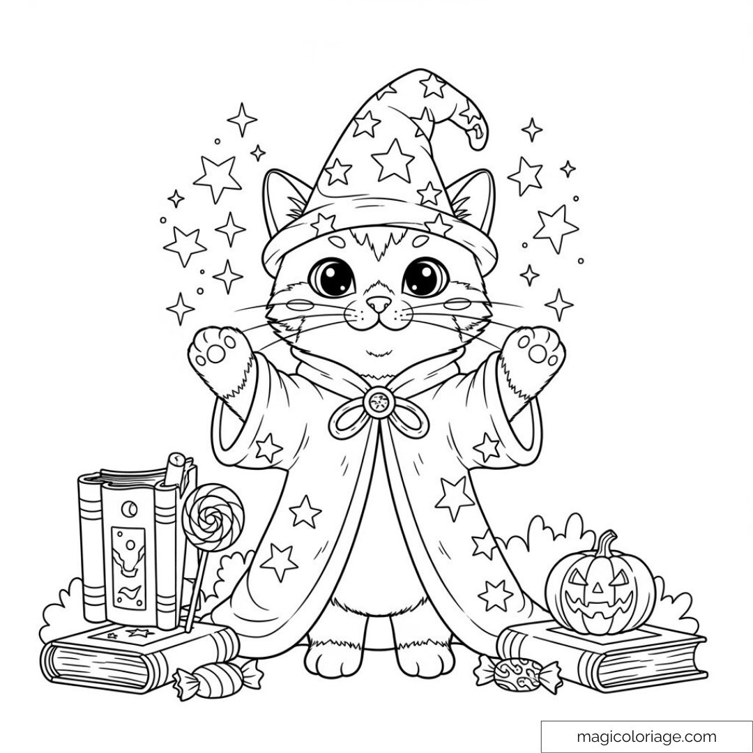 Cute Witch Cat Coloring Page With Books And Candy Cute Witch Cat Coloring Page With Books And Candy