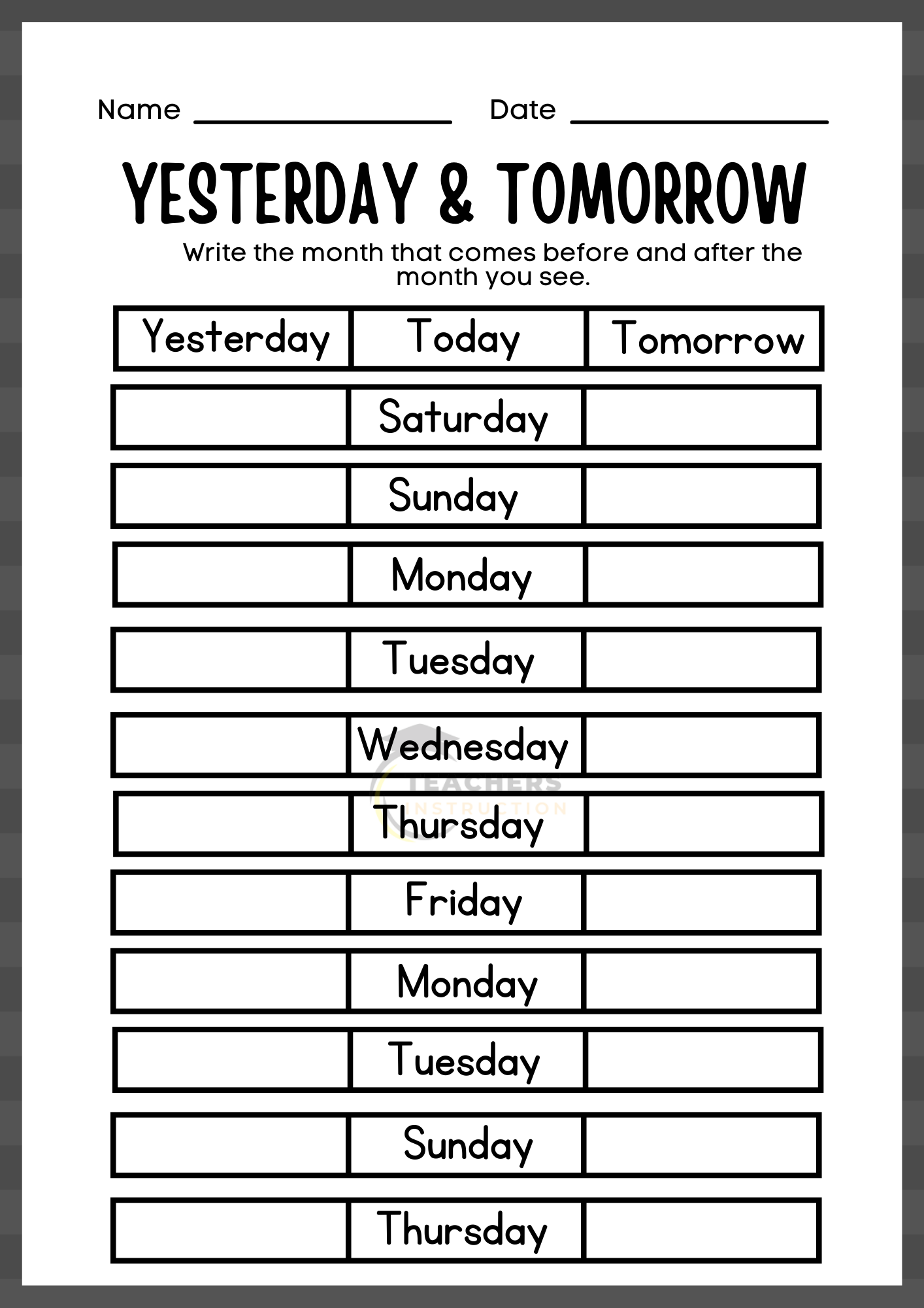 worksheet days of the week