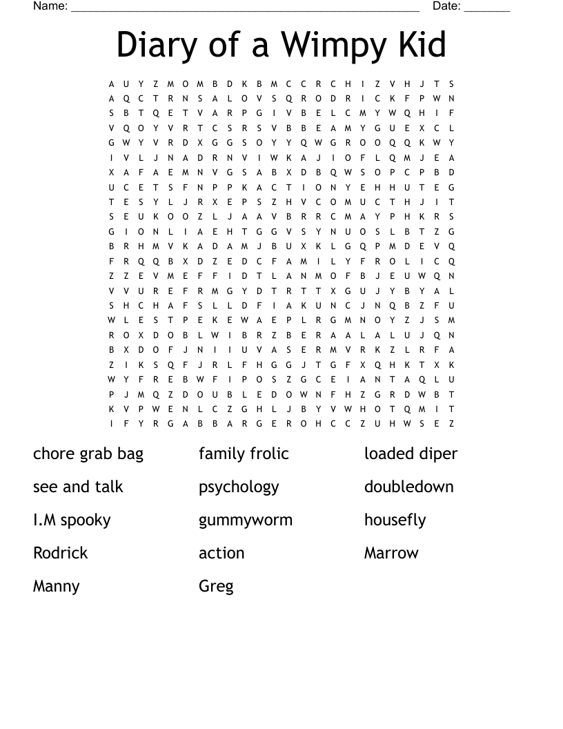 Diary Of A Wimpy Kid Word Search WordMint Diary Of A Wimpy Kid Word Search WordMint