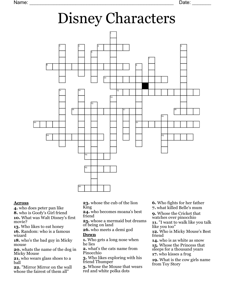 Disney Characters Crossword WordMint Disney Characters Crossword WordMint