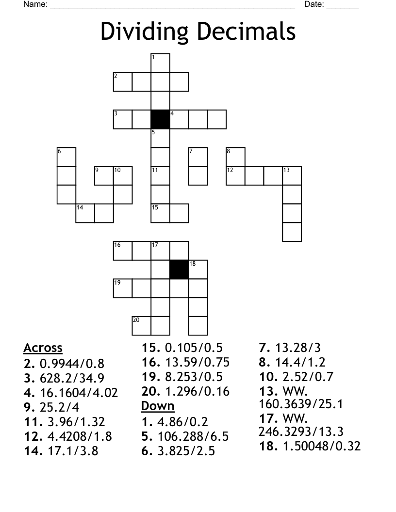 Dividing Decimals Crossword WordMint