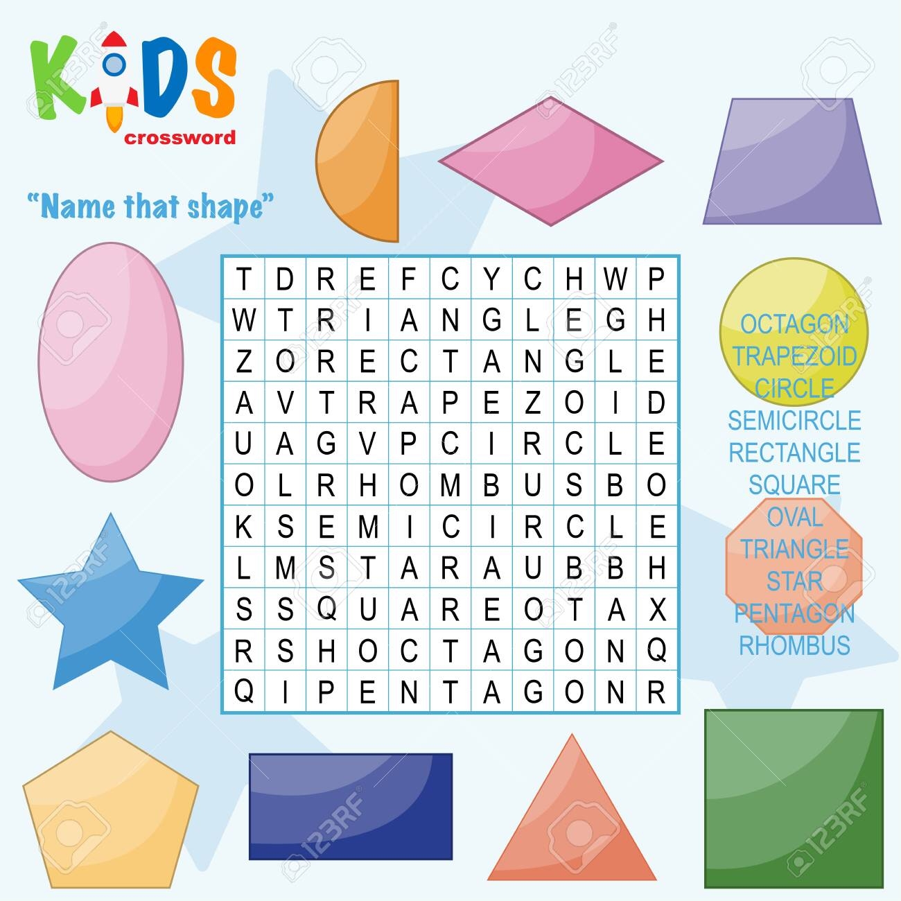 Easy Word Search Crossword Puzzle Name That Shape For Children In Elementary And Middle School Fun Way To Practice Language Comprehension And Expand Vocabulary Includes Answers Royalty Free SVG Cliparts Vectors And