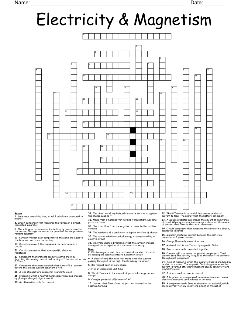 Electricity Magnetism Crossword WordMint Electricity Magnetism Crossword WordMint