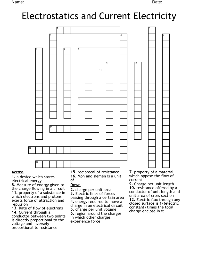 Electrostatics And Current Electricity Crossword WordMint Electrostatics And Current Electricity Crossword WordMint