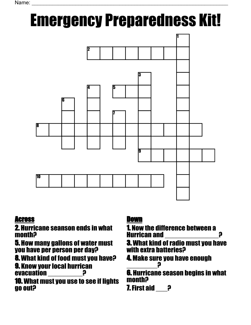 Emergency Preparedness Kit Crossword WordMint