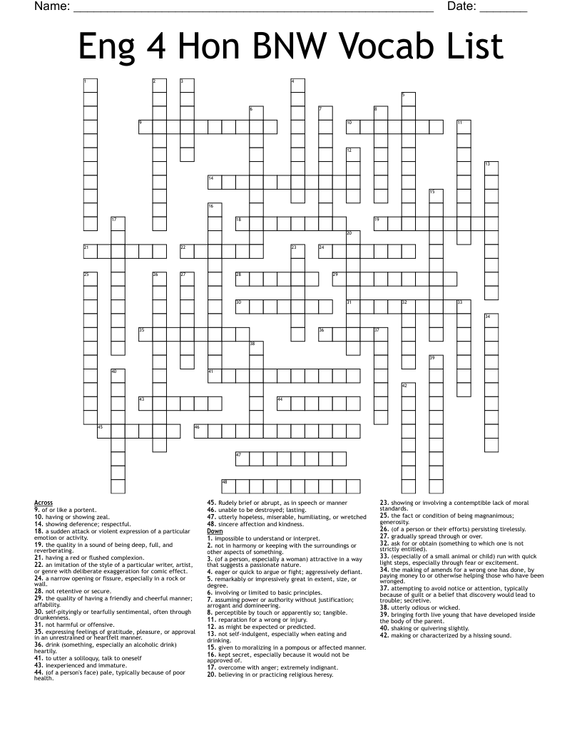Eng 4 Hon BNW Vocab List Crossword WordMint Eng 4 Hon BNW Vocab List Crossword WordMint