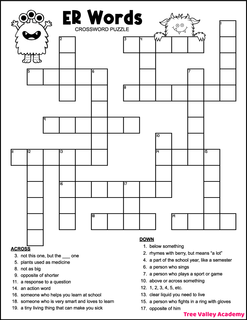 ER Words Crossword Tree Valley Academy ER Words Crossword Tree Valley Academy